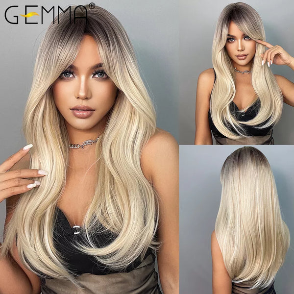 GEMMA Ombre Brown Blonde Synthetic Wig - Long Straight with Bangs